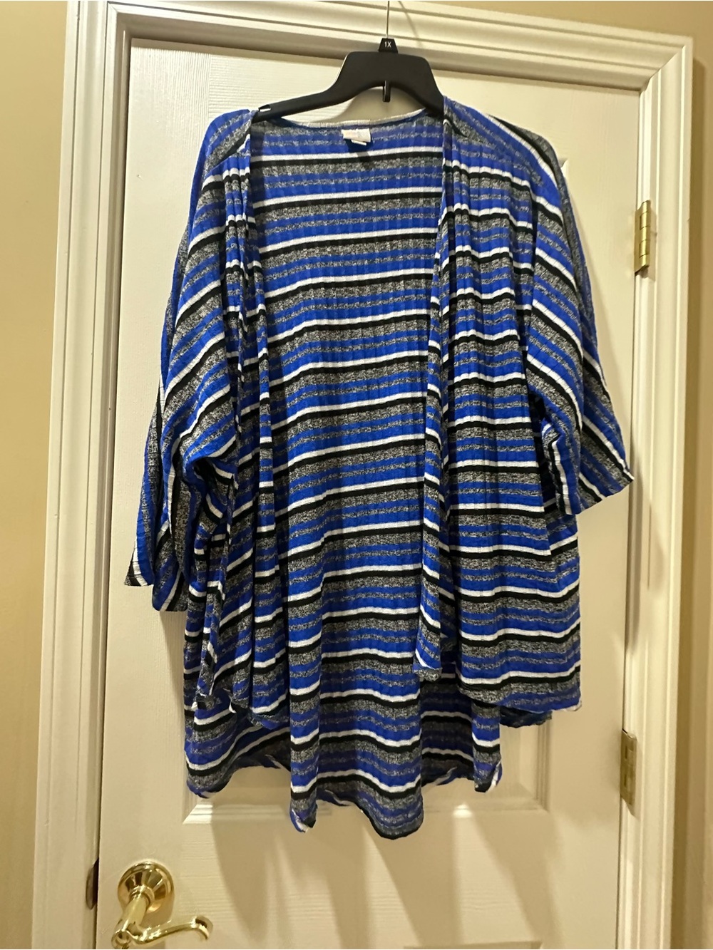 LuLaRoe Blue Black White Striped Open Cardigan
